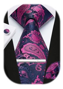 Enlision Cravate pour Homme Boutons de Manchette Carrés avec Pince à Cravate Rose Vif/Bleu Marine