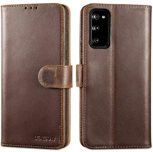 LENSUN Echtleder Hülle für Samsung Galaxy S20 FE, Handyhülle [Echtes Leder][Bookstyle][RFID Blocker] Handytasche Lederhülle für Samsung S20 FE 4G/5G - Vintage Dunkelbraun