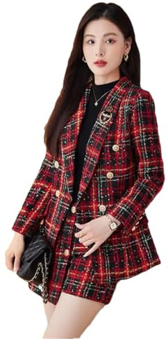 Ensemble Blazer À Carreaux Rouge pour Femmes Haut De Costume Vintage Et Short Taille Haute Jupe Red S