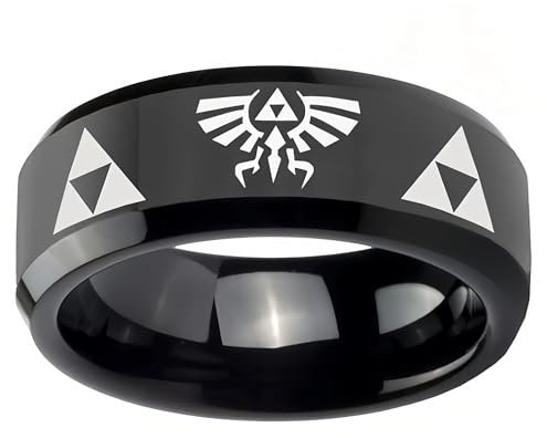 GAUEIOUR Triangle Logo Zelda Black Tungsten Rings Classic Game Black Stainless Steel Fashion Matte Bands Wedding Ringf for Woman Men Accessory, Jewelry Gifts for Gaming Enthusiasts