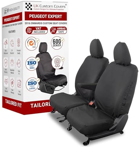To Fit Peugeot Expert Seat Covers 2016 On Front Set | Waterproof & Heavy Duty, Airbag Compatible, Easy To Fit - Tailored Driver & Single Passenger Black