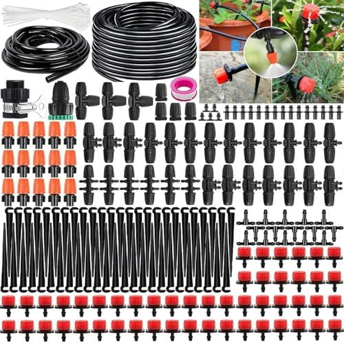 Sistema de Riego Jardín, Sistema de Riego por Goteo, 50M+25M Kit Riego con Ajustable Boquilla Aspersor Pulverizador y Gotero Automatico para Jardin Invernadero Césped Patio Terraza
