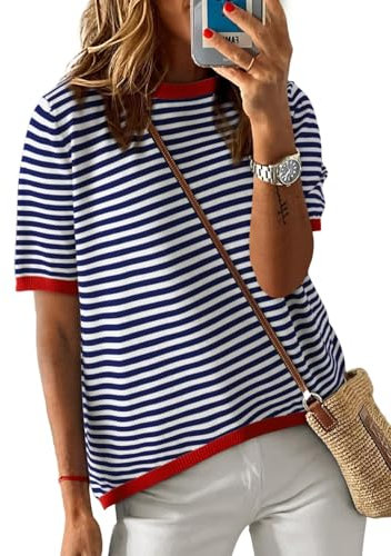Cuptacc Tops Für Damen Weisses T Shirt Damen Gestreiftes Sommer Rundhals Oberteile Baumwolle Bluse Kurzarm Locker Top Dunkelblau XL 46-48