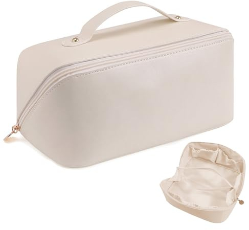 Make Up Bags for Women, Large Capacity Waterproof Cosmetic Bags Portable Lay Flat Travel Toiletry Bag with Compartments and Handle - Beige