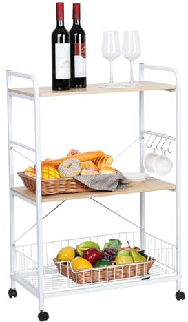 Carrito industrial de metal para microondas con estante de almacenamiento, ruedas y ganchos, soporte blanco para horno microondas