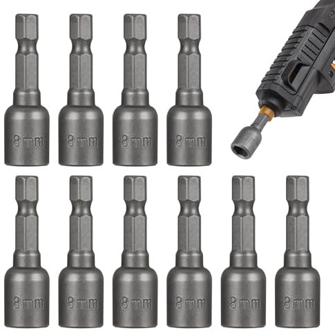 Impact Driver Bit Set, Deep Socket Set, 8mm Magnetic Nut Setter Driver Drill Bit, 10pcs 1/4'' Quick-Change Hex Shank Bit Socket Setter, Driver Bits Holder with Aluminum Alloy Snap Clip, 42mm Length