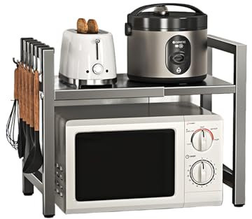 Rehomy Expandable Microwave Shelf, 2 Tier Microwave Oven Rack with 6 Holders, Adjustable Microwave Shelf Stand, Kitchen Countertop Storage Organiser Shelves for Microwave Ovens, Spices, Utensils