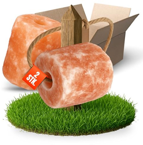 Kristallsteinsalz Leckstein 2er Set mit Kordel - Stein 2kg - 2,5kg aus echtem Himalaya Salz - naturbelassener Salzleckstein für Pferde, Ziegen & Wildtiere - Stall & Weide Pferdezubehör