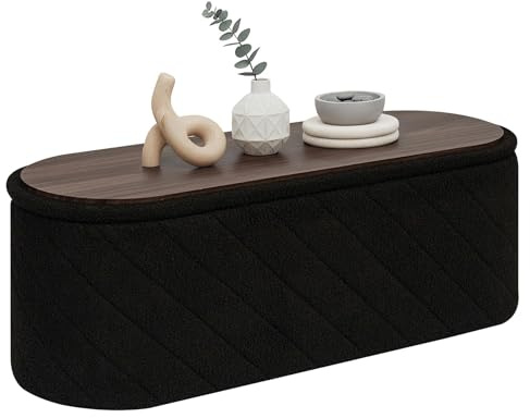PINPLUS Klappbare Sitzbank mit Stauraum, Bettbank, 110x38x38 cm, Schwarz | Ovale Form, weicher Boucle-Stoff, faltbare Sitztruhe, Fußbank, Aufbewahrungsbank, für Wohnzimmer, Schlafzimmer, Flur