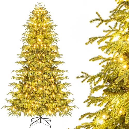 COSTWAY Albero di Natale 180 cm/210 cm, Albero di Natale Pre-illuminato con 270/370 Luci LED Bianco Caldo, 746/1090 Punte di Rami & Base in Metallo Pieghevole, Decorazione Natalizia (210 cm)