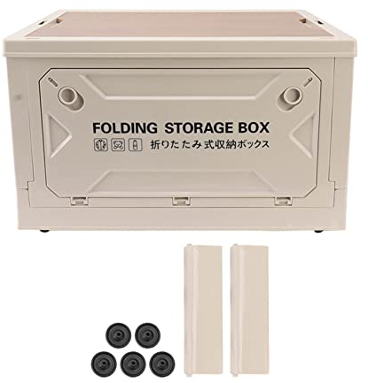 Culnflun 50L Folding Storage Box, Collapsible Container with Wooden Lid and Wheels, Heavy Duty Trunk Organizer for Camping Picnic Car Outdoor, Space Saving Storage Bin (Gray White)