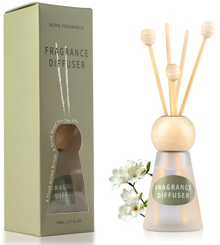 Reed Diffuser Set, Freesia Scent with Reed Diffuser Sticks, 50ml Cone-Shaped Bottle with Round Wooden Cap, Ideal for Room Decor and Home Decor, Bathroom Air Freshener, Home Essentials