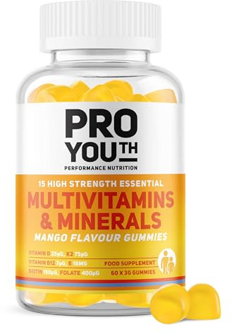 Proyouth Nutrition Multivitamin & Mineral Gummies for Adults & Children | Mango Flavour | Vegan, Sugar-Free | 15 Essential Vitamins & Minerals incl Vitamins D3, E, C, K2, B5, B6, B7, B9, B12, Calcium