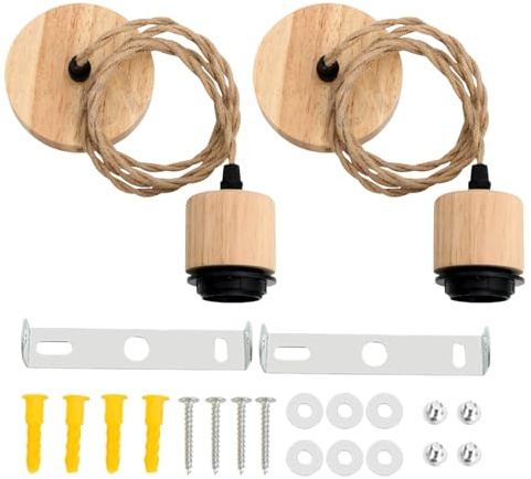 VEGOATY 2 Stück Holz Hanfseil Lampe Lampenfassung: E27 Hanfseil Kabel Hängelampe mit 1.2m Kabel, E27 Lampenfassung Pendelleuchte mit Hängebrett für Küche, Industrie, Balkon, Haus, Cafe, Bar
