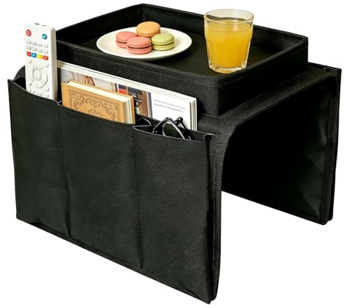 Wrbugukeji Sofa Armrest Organizer, Sofa Candy Organizer with Tray(Black) | Sofa Armchair Tray Organiser Waterproof Non-Slip Sofa Arm Table with 4 Bags for Drinks Phone TV Remote Control Magazine Book