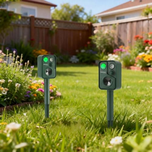 Ideoon Ultraschall Tiervertreiber 2er Set mit PIR-Sensor & LED Blitzlicht - 13,5-45,5 Hz, Zuverlässiger Solar-Tierschreck gegen Marder, Hunde und Katzen, Vögel