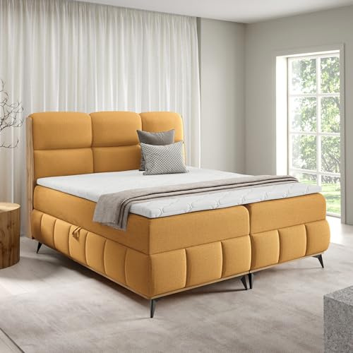 Home Collective Boxspringbett Polsterbett Doppelbett Bett mit Stauraum und Topper inklusive | modernes Design mit edlen Holzdetails Schlafzimmer Jugendzimmer Möbel | Gelb 120x200 cm