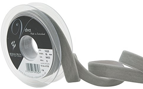 Berisfords Velvet Ribbon Grey 21mm - Nylon Craft Ribbon for Sewing, Gift Wrapping and Hair Accessories