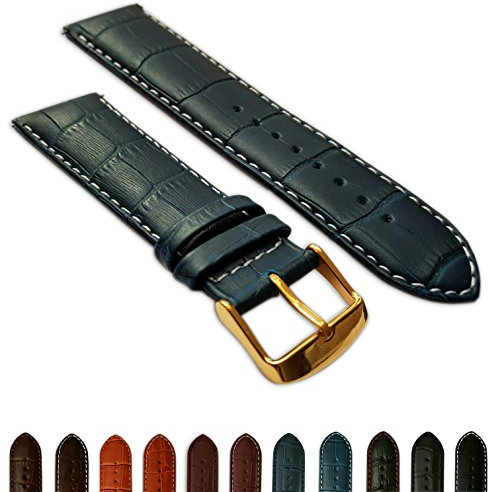 Herren-Uhrenarmband, Krokodilleder-Optik, gepolstert, goldfarbene Schnalle, 18 mm, Blau / Weiß