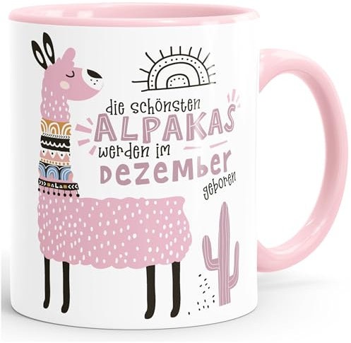 SpecialMe® Kaffee-Tasse Die Schönsten Alpakas werden im Januar-Dezember geboren anpassbares Motiv Geburtsmonat individuelle Geburtstags-Geschenke Lama Dezember Rosa inner-rosa Keramik-Tasse