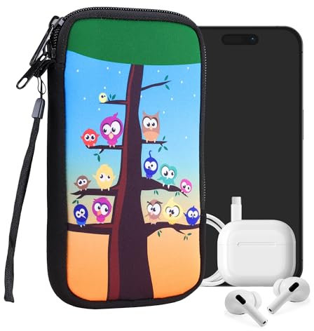 kwmobile Handytasche für Smartphones XL - 6,7/6,8 - Neopren Handy Tasche Hülle Cover Case Schutzhülle - Eule Baum Mehrfarbig Blau Braun - 17,2 x 8,4 cm Innenmaße