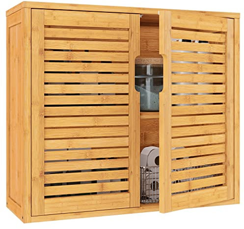 VIAGDO Badezimmerschrank Hängend Bambus Wandschrank, Hängeschrank Küchenschrank Badezimmer Regal Medizinschrank mit höhenverstellbarer Regalebene, Badschrank Wandmontage, Wandregal, 20.7x59x51cm
