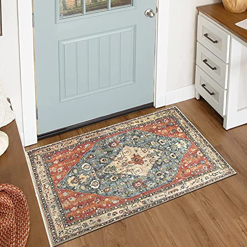 KIMODE Boho Fußmatte Innen, 60 x 90cm Kurzflor Fußmatte Waschbar, Distressed Kunstwolle rutschfest Fussmatte Innen Weich Badezimmer Teppiche für Haustür Schlafzimmer Küche Eingangsbereich Rot