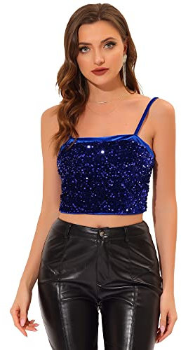 Allegra K Damen Weihnachten-Kostüm Pailletten Oberteil Ärmellos Tanktop Spaghettiträger Glitzer Cami Party Crop Top Navy blau L