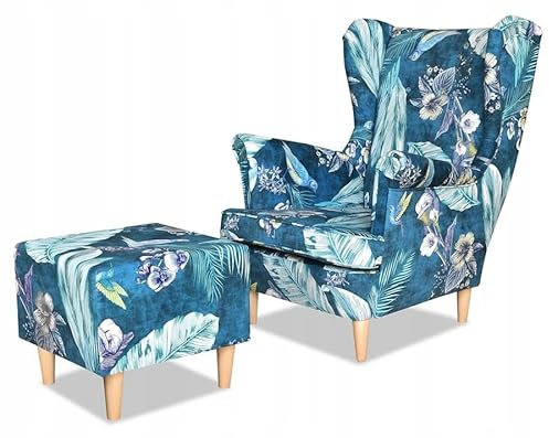 Family Meble Ohrensessel mit Hocker, Modell Print, Skandinavisch, Relaxsessel aus Webstoff, Loungesessel, Ohrensessel mit Hocker, Bequemer Sessel, Für Wohnzimmer, Esszimmer, Schlafzimmer, Dachte 7