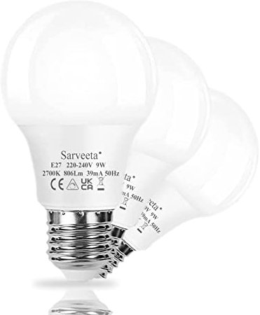 Sarveeta 3 Stück E27 LED Light Bulb 9W Dimmbar,A60 Bulb Replaces 60 W Halogenlampe,806LM,Warmweiß 2700K