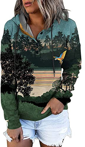 NNGOTD Hoodie Damen Vintage Drucke Kapuzenpullover Warmes Hood Pullover Kapuze Kapuzenpulli Kordelzug Ärmel Langes Hoodies Mit Tasche Sweatshirts