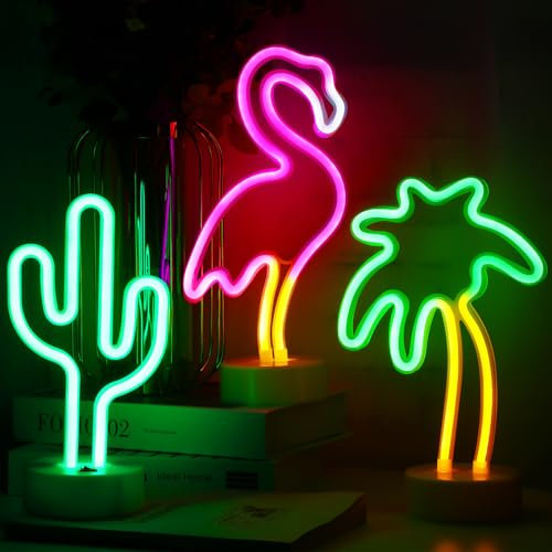 Liliful 3 Pcs Neon Sign Cactus Neon Lights Sign Pink Flamingo Neon Lights Palm Tree Neon Sign Battery USB Powered Neon Lights Birthday Gifts with Pedestal for Adults Bedroom Hawaiian Party(Cactus)