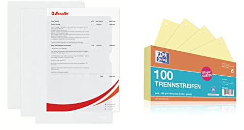Esselte Sichthüllen-Set Standard Plus, 100 Stück, A4 Format, Farblos mit matter Oberfläche, 0,115 mm PP-Folie, 54832, 3 x 1g & Oxford Trennstreifen, aus Karton, gelocht, 190 g/m², gelb, 100 Stück