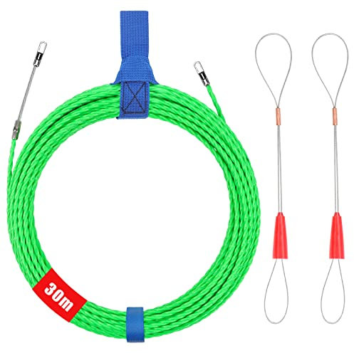 BILIPLE Guia Pasacables Trenzada 30 m, 4 mm Enhebrador de Alambre Electrico,Guia Pasacables Dispositivo Profesional con 2 Muelle de Guía,Kit de Enhebrado de Cables para Colocación de Cables