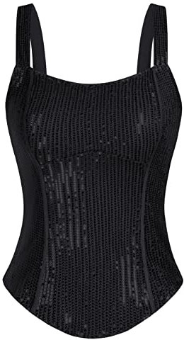 GRACE KARIN Damen Spaghettiträger Top Glänzend Pailletten Oberteil Camisole Sommer Trägertops, Farbe: Schwarz, Size S