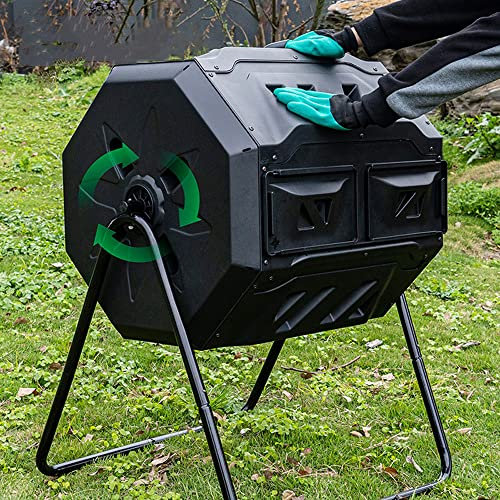 RNQZ Compost Bin Outdoor, Dual Rotating Chamber Compost Tumbler, 360° Compost Can for Garden Backyard Kitchen Patio Yard,43 Gallon Composter