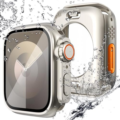 NewWays Confezione da 2 pellicole protettive impermeabili per Apple Watch 44 mm Series 6 5 4 SE (2024-2020) con vetro temperato, protezione completa per iWatch custodia rigida in PC bumper per il