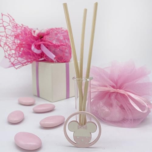 Doni Bomboniere 10 Bomboniera profumatore con fiala in Vetro con Applicazione Disney Minnie di Colore Rosa e Bianco con Fiocco. Bomboniera per Nascite, Battesimi Bimba