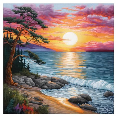 Cukol Kreuzstich Set Vorgedruckt Küstenlandschafts, Stickvorlagen Stickbilder Vorgedruckt Kreuzstich Stickpackungen Stickpackung Cross Stitch Embroidery Kit Stickset Sticken Set Erwachsene Anfänger