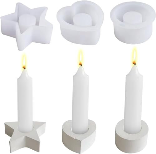 3 Stücke Silikonform Kerzenhalter - Gießformen für Weihnachten, Stern und Rund - DIY Stabkerzenhalter