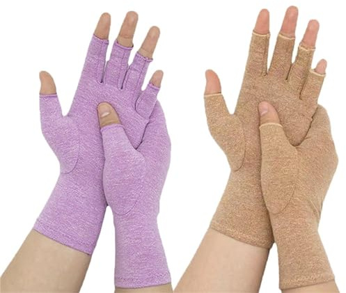 HERTL One Compress - Guanti in bambù per artrite, guanti a compressione premium One Compress, guanti a compressione senza dita (viola + pelle, S)