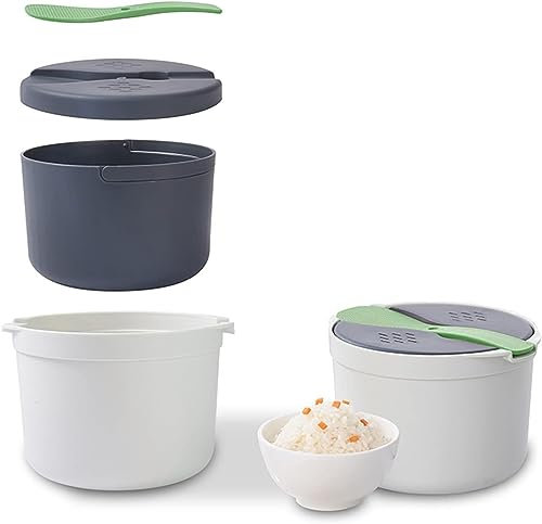 Microwave Rice Cooker 2L Plastic Food Grade Microwave Cookware 2-Layer Microwave Vegetable Steamer Non Stick Rice and Pasta Cooker High Temperature Resistant Steam Pot with Rice Scoop Lid (Green)
