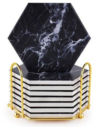 Black Marble Style Ceramic Stone Coasters Set of 8, Absorbent Coasters for Drinks with Holder, Protects Coffee Table