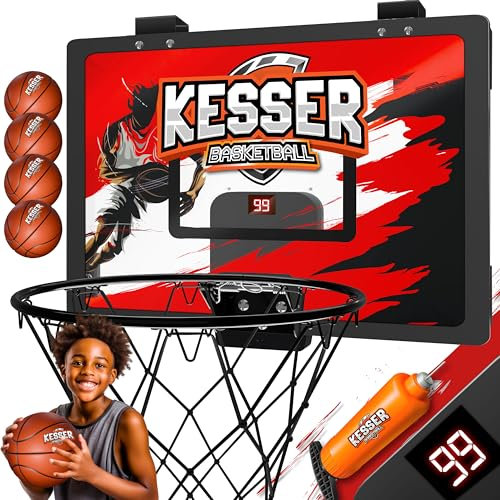 KESSER® Mini-Basketballkorb fürs Zimmer & Büro | Tür-Basketballkorb Indoor & Outdoor | Basketball-Board für Kinder-Zimmer & Wandmontage | Basketballbrett inkl. Ballnetz Pumpe & Ball | Rot