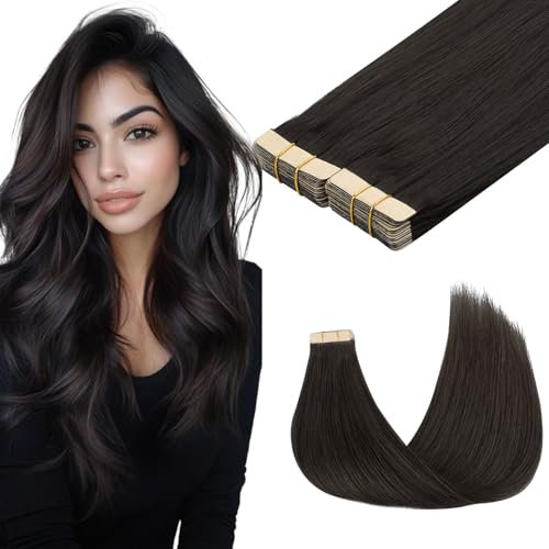 MAXITA Tape-in-Haarverlängerung, Echthaar, Dunkelbraun, 60 cm, 100 g, 40 Stücke, Remy-Echthaar-Extensions, glatt, nahtlos, Echthaar-Extensions, Tape-in-Skin-Weft-Haarverlängerungen für Frauen