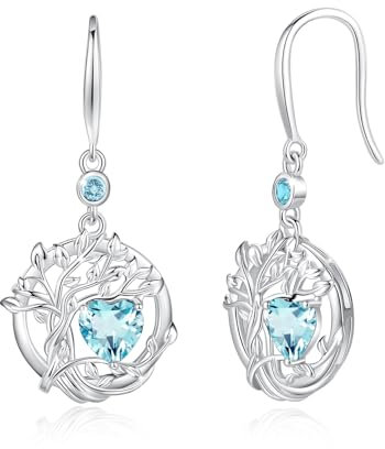 FANCIME Lebensbaum Aquamarin Ohrringe für Damen 925 Sterling Silber Baum des Lebens Ohrstecker Hängende Schmuck Geschenke für Damen Frauen Mädchen