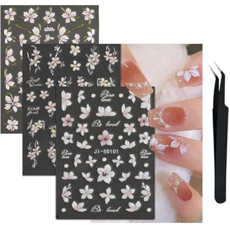 3 Sheet 5D Embossed Flower Nail Art Stickers Decals with Tweezer Self-Adhesive 5D Spring Colorful Floral Nail Supplies Nail Art Design Decoration Accessories (Flower A-3sheets)