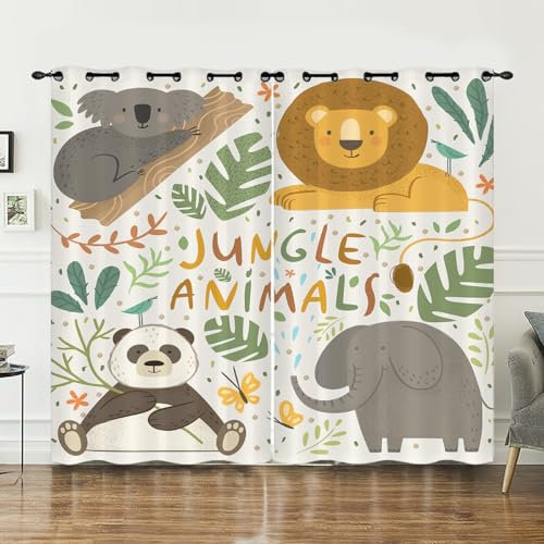 ZZTBQ Safari Tiere Kinderzimmer Gardinen mit Ösen Zoo Tiere & Dschungel Faultier Löwe Panda Elefant Verdunkelungsvorhang 140x160cm Für Jungen Mädchen Kinder Schlafzimmer