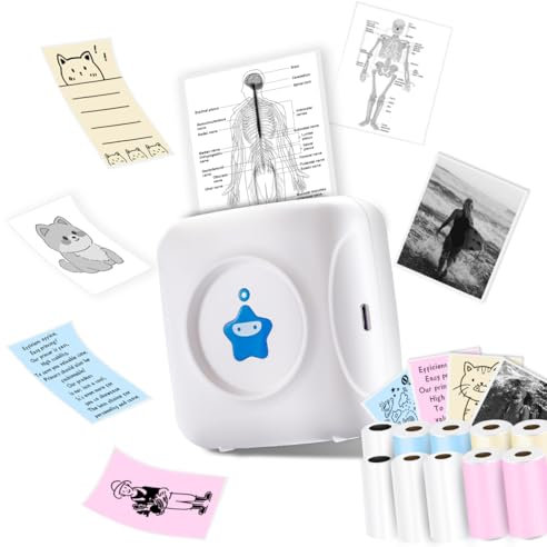 vretti Mini-Drucker TP2-Y Thermodrucker, Aufkleberdrucker kompatibel mit Android & iOS, Mini-Fotodrucker mit 10 Etikettenrollen, tragbarer Taschendrucker für iPhone Arbeitsnotizen Journal Reisen