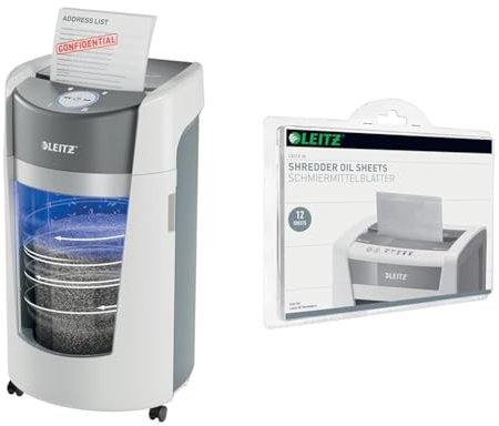 Leitz IQ Set OptiMax Office P5 Aktenvernichter mit Mikroschnitt, 10 Blatt, Rotierender Behälter für 33% mehr Volumen, Extrem leise, 120 Min Betrieb, 83600000 + Leitz IQ Ölblätter, 12 Stück, 80070000